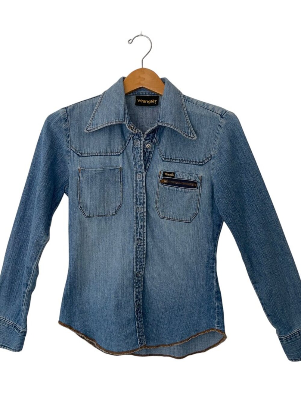 Vintage 1970's Blue Wrangler Button Up Jean Shirt with Zipper Pocket